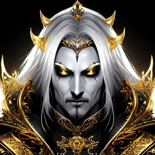 Prompt: Fantasy style, a hyper realistic detailed image of undead king, black lips, covered in nightly glow, looking straight ahead, body facing camera, camera top third of image, perfect composition, super detailed, sharp focus HDR, UDR, 120k, square jaw, black and gold coloured thick wide dress, Gold shoulder plates, long straight shiny white hair, radient gold eyes, in a dark stary night-time fantasy background, black sand covered jewellery. Gold bird skull, gold crown, sun orb 