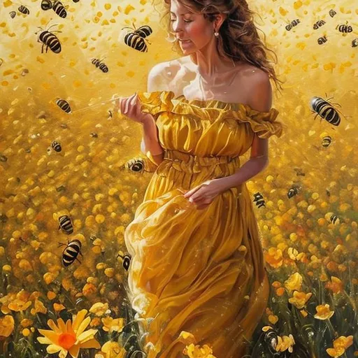 Prompt: Oil painting, Woman ina golden dress in a sunny flower field surrounded by bees
