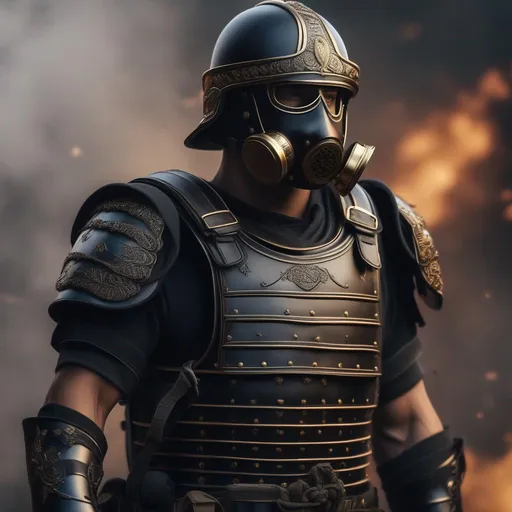 Prompt: A modern roman military male in black military armor galea helmet of roman armor, with a gunfire and gas mask, background war battle, FULL BODY, Hyperrealistic, sharp focus, Professional, UHD, HDR, 8K, Render, electronic, nervous vibe, loud, tension, dark, Epic
