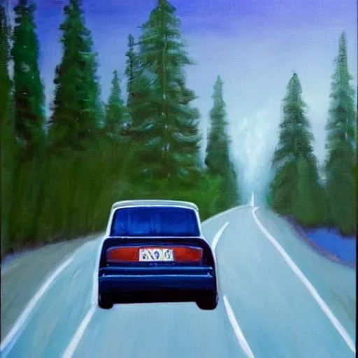 Prompt: a realistic oil painting of the back of an old dark blue Volkswagen riding at dark night on a road surrounded by pine trees