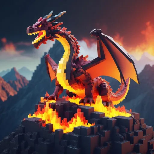 Prompt: voxel 3d render, blocks, fantasy dragon on a mountain breathing fire