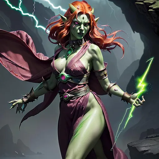 Prompt: Create Splashart, focused on a full body, hyper cute young feminine faced, perfect young slender, part green orc and part human, red hair, casting magic lightning bolts in an ultimate epic depiction of a magical battle, wearing a thick iron slave collar, multi color silk robe, deep red eyes glowing in the background,

a fantasy style realistic dark fantasy ancient cavernous cave, with a majestic waterfall into a pool of clear blue water,

Professional Photo Realistic Image, RAW, artstation, perfect lighting, perfect shadows, intricate detail, fantasy concept art, 4k resolution, deviantart masterpiece, splash arts, ultra details Ultra realistic, hi res, UHD, 3D Rendering, depth of field 2.5, APSC, ISO 12000,