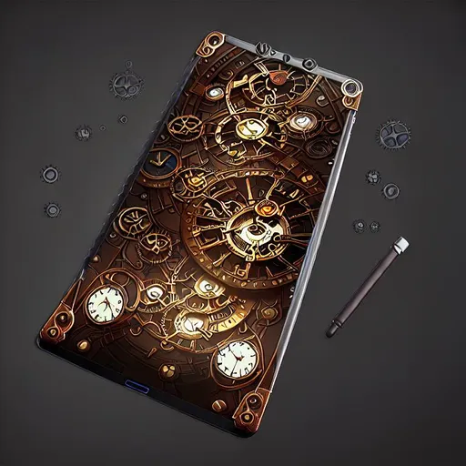 Prompt:  view tablet cover with steam energy, steam pipes, clocks and gears case in steampunk style

