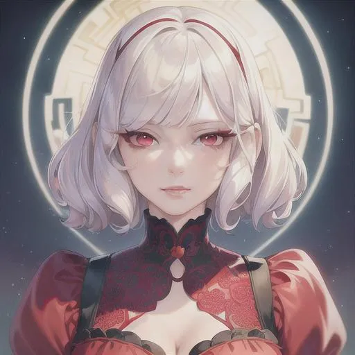 Prompt: (masterpiece, illustration, best quality:1.2), portrait, short white hair, princess like vibe, red eyes, wearing red silky nightgown, best quality face, best quality, best quality skin, best quality eyes, best quality lips, ultra-detailed eyes, ultra-detailed hair, ultra-detailed, illustration, colorful, soft glow, 1 girl