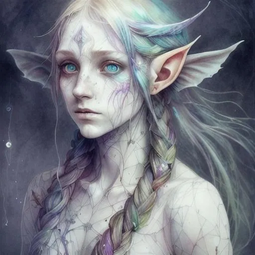 Prompt: ((art by Agnes Cecile)), upper body, fantasy theme, (young female elf mage), (((clear skin))), Heterochromia iridum, (((beautiful intricate detailed face and eyes))), (muted colors), heavy outlines, Surreal, intricate wizard clothes, UHD, 8K, high fantasy, ultra realistic