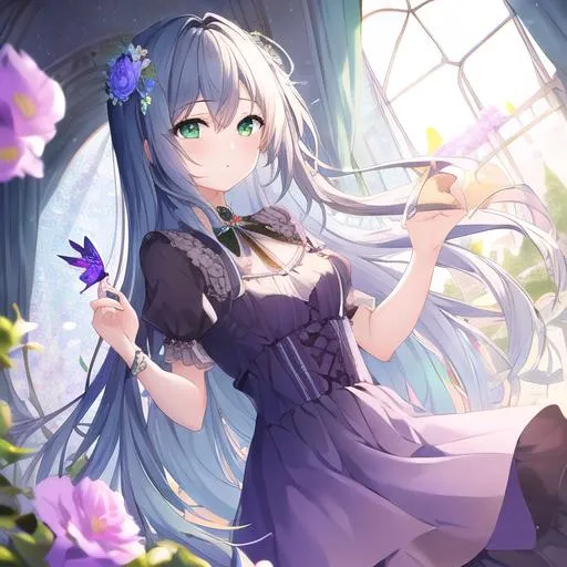 Prompt: (masterpiece, best quality:1.2), illustration, absurdres, highres, extremely detailed, 1 girl inside a sandglass, blue long hair, green eyes, eye highlights, dress, flower, fluttering petals, depth of field, (:d:0.8), chromatic aberration abuse, pastel color, Depth of field, purple tint,(purple fog:1.3)
