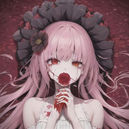 anime girl coughing up flowers, bloody, sad, eye bag... | OpenArt