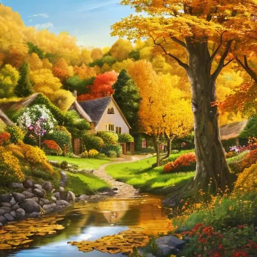 Prompt: English Flower Cottage village surrounded by a Forest of Elder Tree with Golden orange and golden yellow leaves and a creek under a Bright Golden Autumnal Sunlight