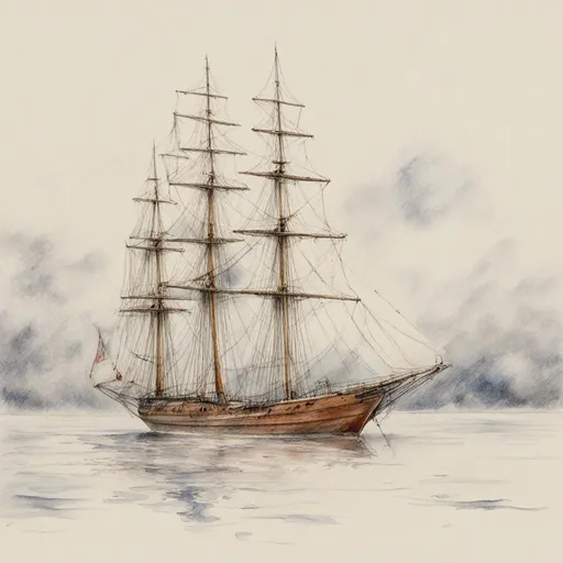 Prompt: Russian Schooner in Winter, Falling Snow, Pencil Sketch, Water Colour Painting*l