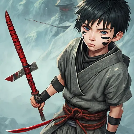 Prompt: 18 years old, boy, face marks, shinobi with kunai, shrine in the background, big sparkly eyes, digital illustration, very detailed, soft light, high resolution, 64k