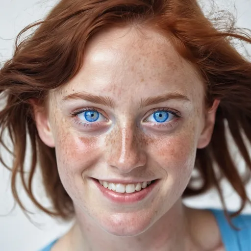 Prompt: a woman with freckled hair and blue eyes smiling at the camera with freckled hair and blue eyes, Elizabeth Polunin, superflat, blue eyes, a stock photo