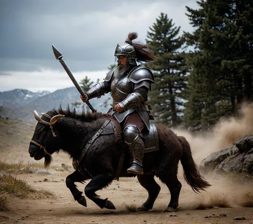 Prompt: Photorealistic illustration of an adult dwarf warrior riding an armored Billy goat into battle, action burst, epic battle stance, epic battle atmosphere, detailed armor, realistic textures, high quality, photorealism, epic fantasy, dynamic composition, battle-ready, detailed facial features, dramatic lighting, action-packed scene, intense expression, battle scars, battle-worn armor, fierce determination, realistic fur, battle-ready weapons, dust and debris, atmospheric lighting