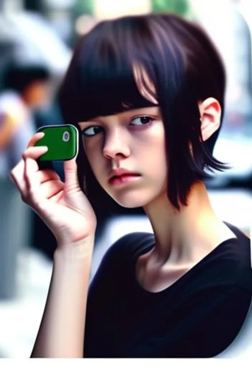 Prompt: tomboy,boy_style hair,black hair, taking photo in front mirror, phone cover her face,light skin,green eyes,very beautiful,beautiful long hand,iphone,we can't see her face,average nose,we can see her style,short hair,average face