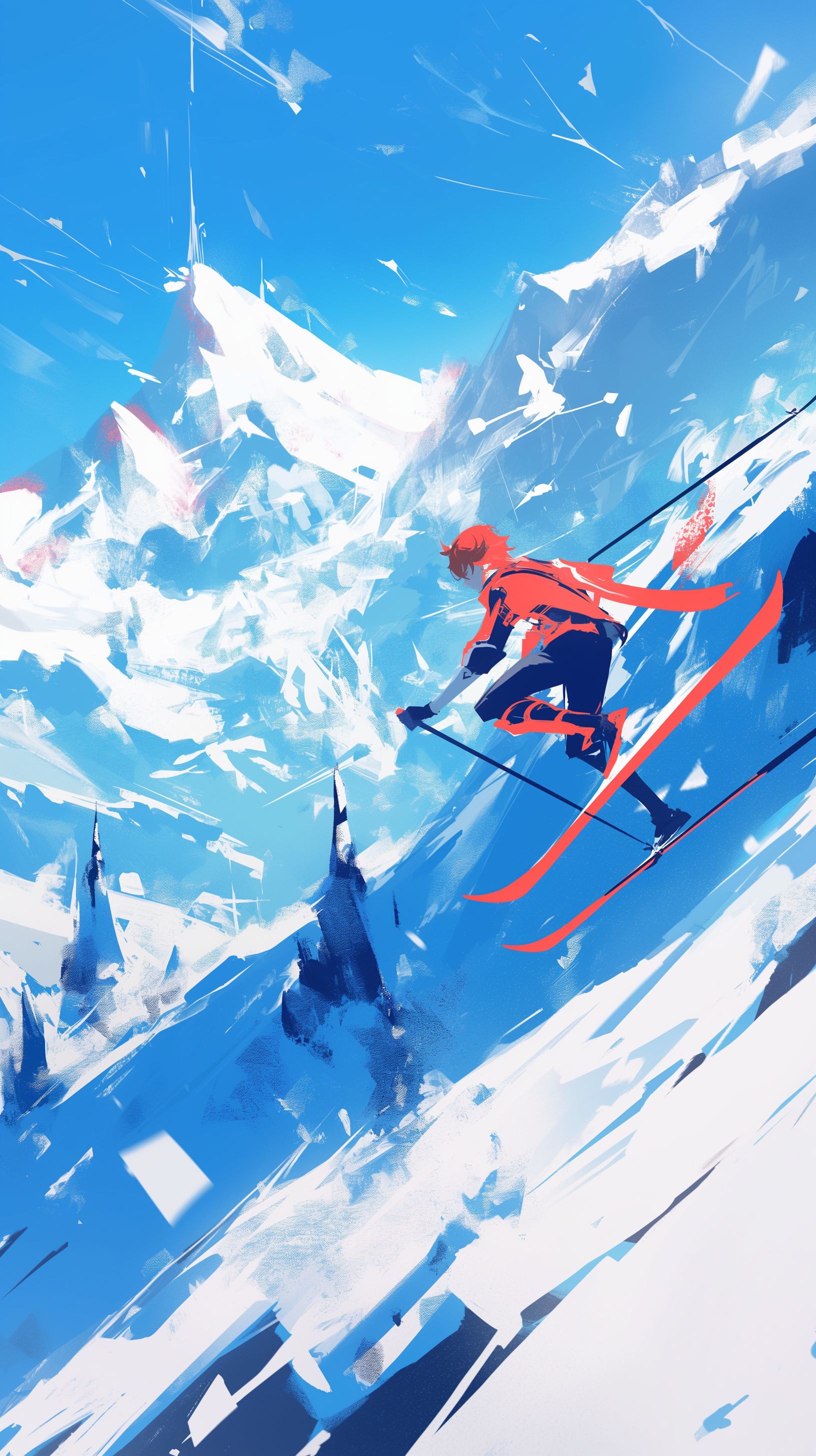 Prompt: Tartaglia from Genshin Impact skiing down a very large mountian in the middle of a blizzard, he has vibrant red skis, and two long red poles, --ar 9:16 --niji 6