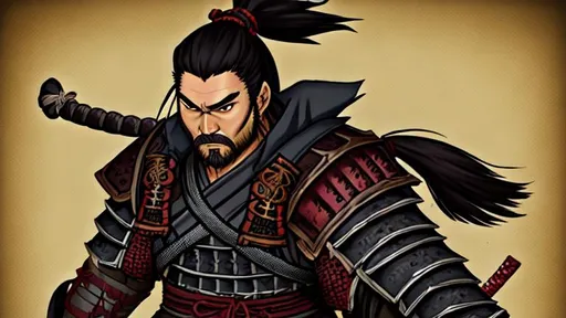 Prompt: Dungeon and dragons male samurai fighter in his thirties with a ponytail 