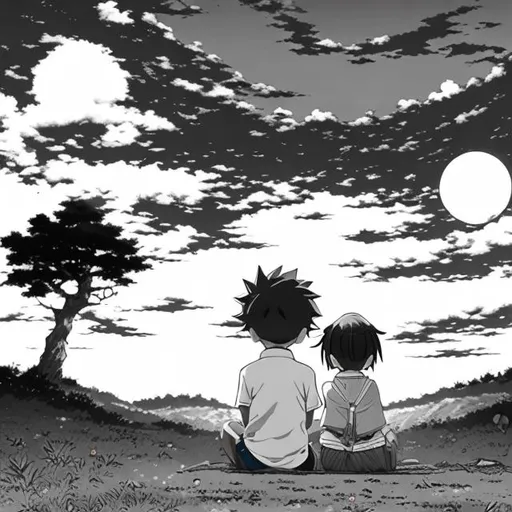Prompt: Black and white manga panel of a boy and girl sat underneath a tree on top of a hill under a sunset sky with a light breeze in the air in the style of dr slump