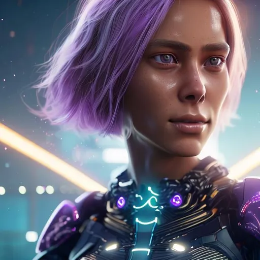 Prompt: beautiful mid-twenties swiss woman, gold hair, slight smiling, tanned skin, purple, dramatic, futuristic, portrait, realistic details, photorealistic, 8k render, cinematic lighting,  ultra detailed