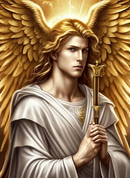 Prompt: Angel, halo, radiant golden light, seraph, six wings, photo realistic, Male, warrior, ancient, wallpaper, St michael, catholic, archangel, handsome, Male face, masculin face, 37 years old, Spears, fire