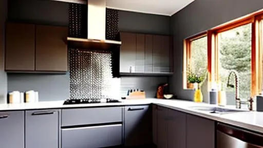 Prompt: L Shaped Grey kitchen with open cabinets, backsplash tiles and 
