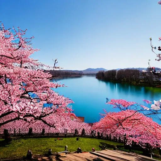 Prompt: Cherry blossom around a lake