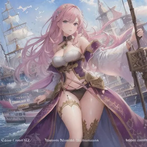 Prompt: Gorgeous girl with pink hair and purple eyes with white dove on the ship, concept art, mid shot, intricately detailed, color depth, cinematic, aquarelle watercolor painting, intricate detailed