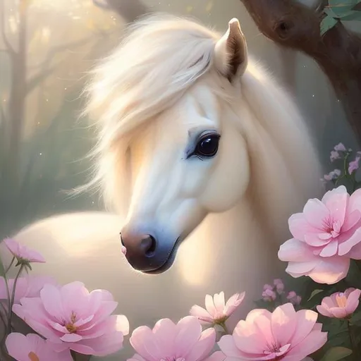 Prompt:   A baby palomino foal sniffing flowers, forest, moonlight, sparkling eyes, shining eyes, beautiful flowing mane,  sharp features, highly detailed, digital painting, artstation, concept art, smooth, sharp focus, expressive eyes, illustration, art by Artgerm and greg rutkowski