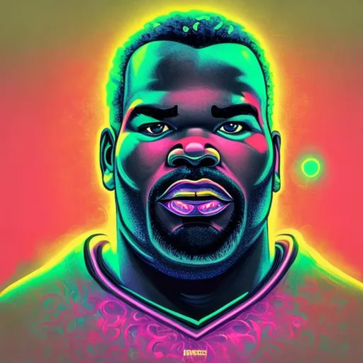 Prompt: Hypnotic illustration of  handsome Michael Oher football player , hypnotic psychedelic art, pop surrealism, dark glow neon paint, mystical, Behance