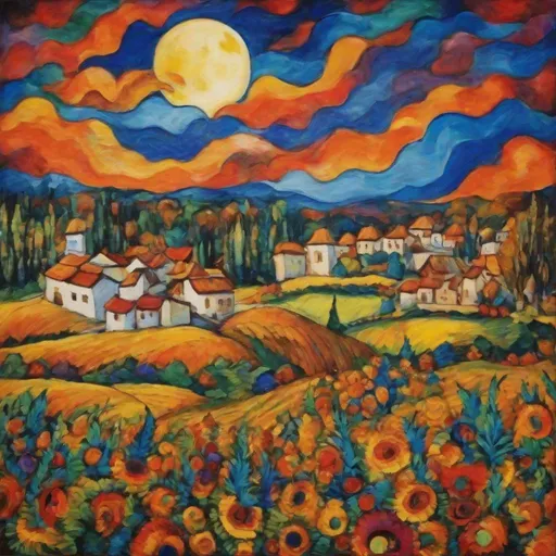 Prompt: harvest moon festival, vibrant colors, inspired by O Pyotr Konchalovsky  