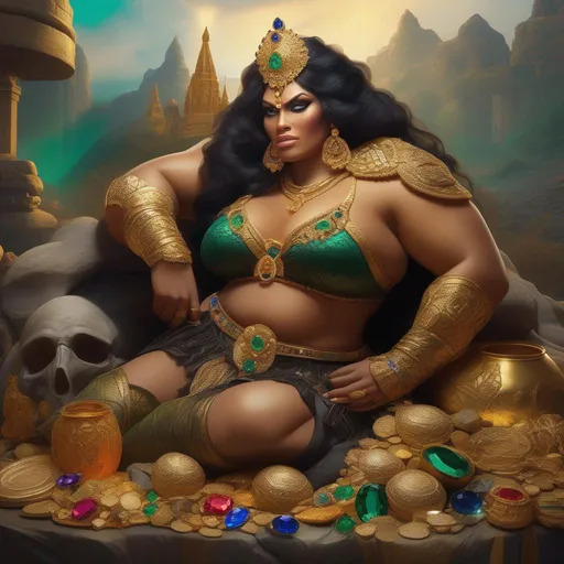 Prompt: A Large muscular ogre woman with tusks and black sclera. lounging upon a large mound consisting of various treasures, gems, emeralds, diamonds, rubies, sapphires, onyx, gold coins, rivers of molten gold