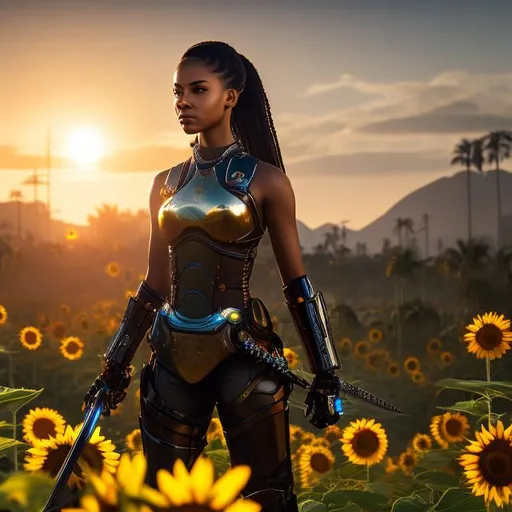 Prompt: Warm colors, 3D, HD, Epic, Gritty, Third-person, An attractive black woman ((robotic limbs, exposed wiring.)), Bald ((ponytail)), sword ((holding sword)). a field of sunflowers, palm trees, detailed background.