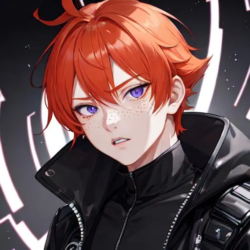 Prompt: Erikku male (short ginger hair, freckles, right eye blue left eye purple) muscular, UHD, 8K, Highly detailed, insane detail, best quality, high quality. black jacket, black shorts, streetwear