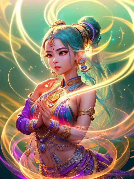 Prompt: hyperdetailed elaborate fluidity melting many of glowing Sanskrit characters floating in many circles around, around a hyperdetailed beautiful girl, dancing, dynamic pose,

hyperdetailed clothes,

space, cosmic mist,

colorful glamorous sunshine, cinematic light, windy,

album cover art, 128K resolution,

Greg Rutkowski, Huang Guangjian, CGSociety, ZBrush Central, Victo Ngai, 