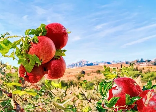 Prompt: A very high quality realistic photo of a landscape, clear sky, green field in the background, in the foreground of the photo a thorn is visible peeking through the leaves, and Whole pomegranates below it