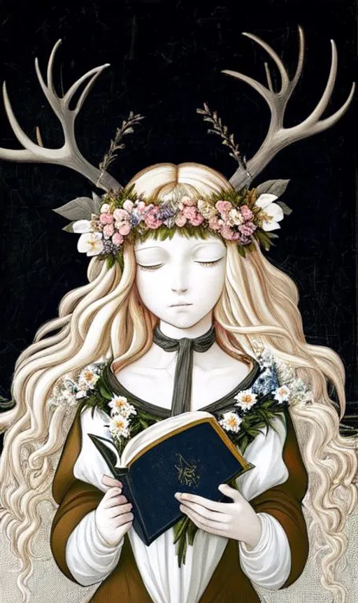 Prompt: Blond girl with flowers in her hair, antlers, crucifix around her neck, wearing a dress, holding a bible, flora growing all around her, in the art style of Sandro Botticelli, a church in the background 