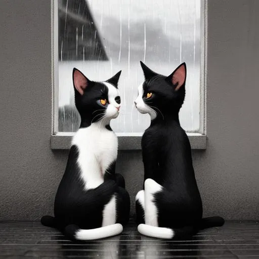 Prompt: Black and white Cats sitting watching rain

