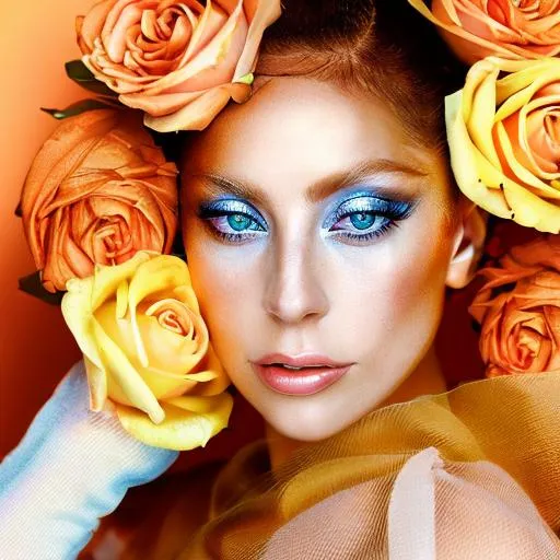 Prompt: pale skinned, lady gaga , auburn woman with a pale orange background and yellow and peach roses,close up