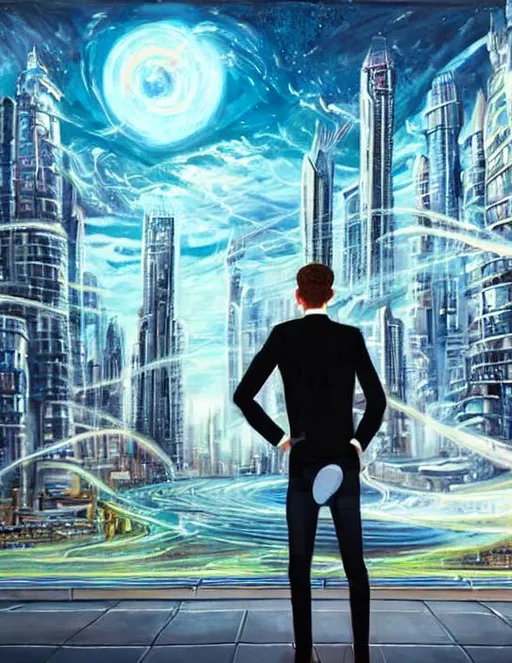 Prompt: A photorealistic painting of a time traveler standing in front of a cityscape from the future. The time traveler is wearing a futuristic outfit and is holding a time machine. The cityscape is full of tall buildings and flying cars.