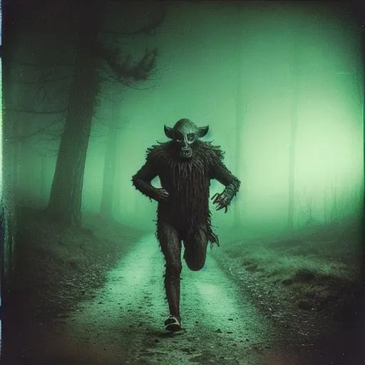 Prompt: eerie humanoid creature roaming a eerie wonderland, grainy polaroid, early technicolour image, photorealistic, Blurry, running at you, in the dark, in the fog