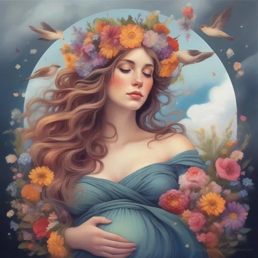 Prompt: A colourful and beautiful Persephone, flowers and gems in her hair. She is pregnant and lovingly cradling her belly. In a beautiful flowing dress made of wildflowers. Surrounded by birds and clouds. Framed by a nighttime sky of clouds. in a painted style
