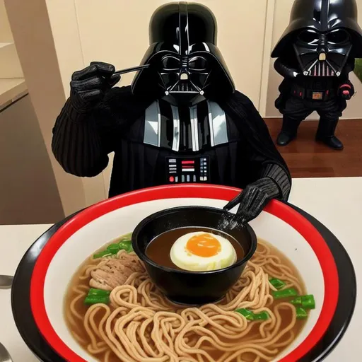 Prompt: Darth Vader eating Ramen Soup with the force