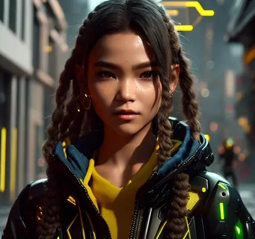 Prompt: cyborg, robot girl wearing yellow rain jacket and denim shorts in a cyber punk city, hyper realistic details, cinematic lighting, 3d, 8k