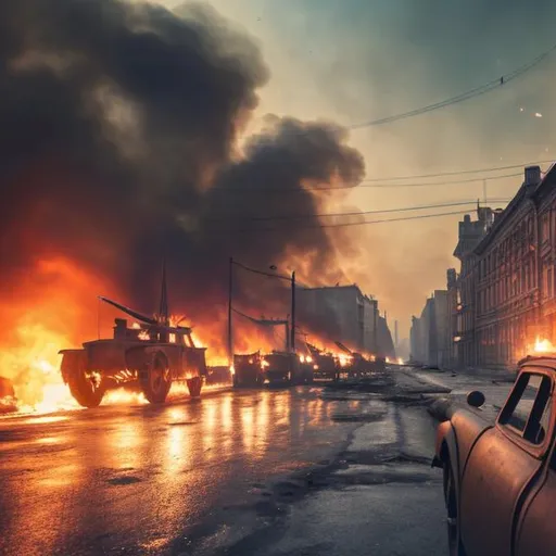 Prompt: Late tall 1900s buildings on fire millitary tanks firing war 1940s metal wrecked cars broken cracked road high resolution 4k daytime nice weather light blue sky 