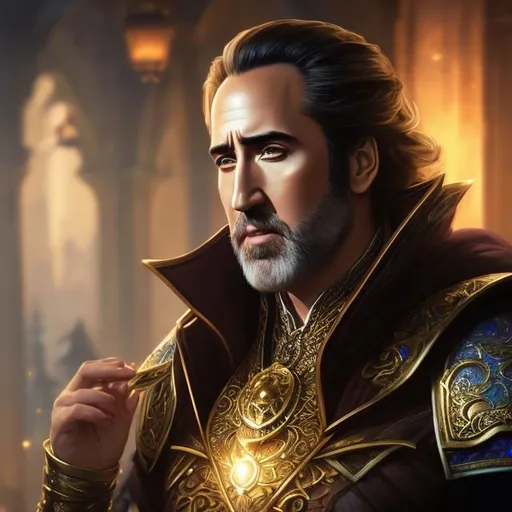 Prompt: DnD character art of {Nicholas cage as a fantasy noble}, smooth soft skin, big dreamy eyes, beautiful intricate beard, symmetrical, anime wide eyes, soft lighting, full body, detailed face, by leiji matsumoto, stanley artgerm lau, wlop, rossdraws, concept art, digital painting, looking into camera, quaint fantasy village off in the distance