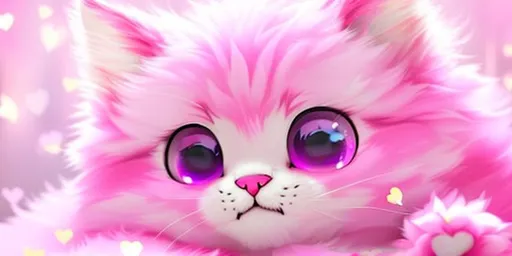 Prompt: Cute, pink, fluffy, fantasy love kitten, with light, pink eyes, very, pink fur, and possessing the element of love and making circles of hearts move around in the air in a magical way, background with pink hearts. Perfect features, extremely detailed, realistic. Krenz Cushart + loish +gaston bussiere +craig mullins, j. c. leyendecker +Artgerm.