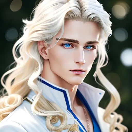 Prompt:  Piercing, Ice-blue eyes, a sharp jawline. His hair was blond, long and wavy in the back with shorter, more uniformed curls in the front. He had a youthful face with slightly feminine features. He looked a lot like something from a storybook, like or a renaissance painting. ittle, sharp, white fangs poked out between his shiny lips as he smiled.