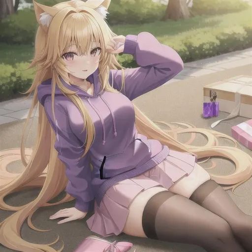 Prompt: cute Anime girl with long yellow hair and cat ears wearing purple thigh highs and an oversized purple hoodie and pink skirt and sitting at a picnic