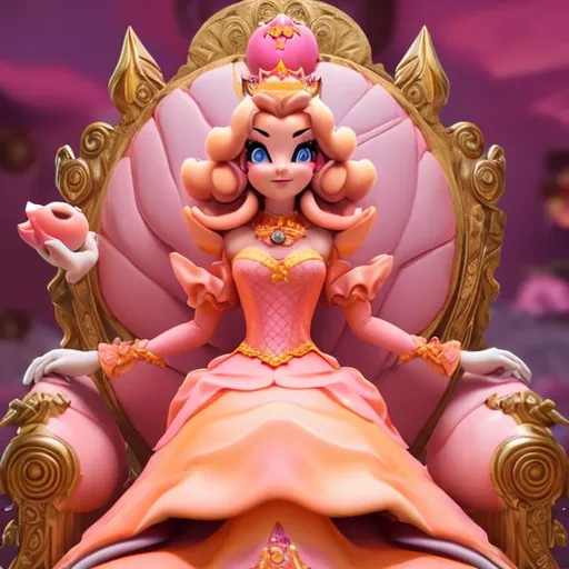 Prompt: Princess peach sitting on a peach throne. make her look serious





