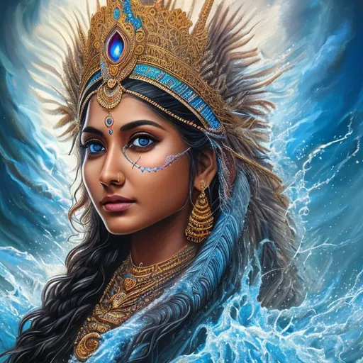 Prompt: High-resolution hyper realistic painting of {indian water goddess} [nayathra] , uhd, hdr, 64k, epic scene, crown, upper body, sharp edges, ocean wave armor, river hair, blue eyes