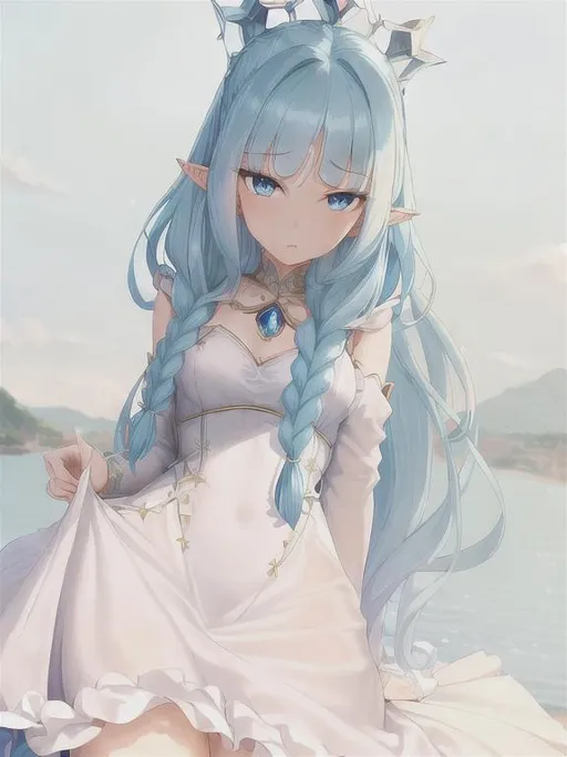 Prompt: 1 girl, queen, highly detailed blue eyes, highly detailed face, innocent looking, regal looking, regal, 8k UHD, young girl, pointy ears, divine, highly detailed blue dress, long sleeved, anime, long dress, fully clothed, fantasy kingdom backdrop, highly detailed back braided silver hair, slight front bangs, scenic view landscape, magical feel, aerial view, idyllic, overhead shot, determined