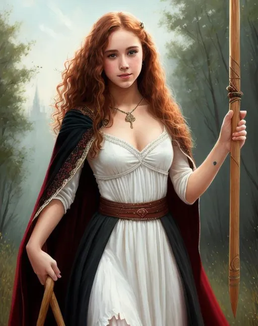 Prompt: Attractive teenaged human female, small tiny flat chested, freckles, long white dress with bodice and long curly red hair, highly detailed, digital painting, Trending on artstation, HD quality, d&d, fantasy, high art (retain models  face) holding a long wooden staff, black velvet cloak